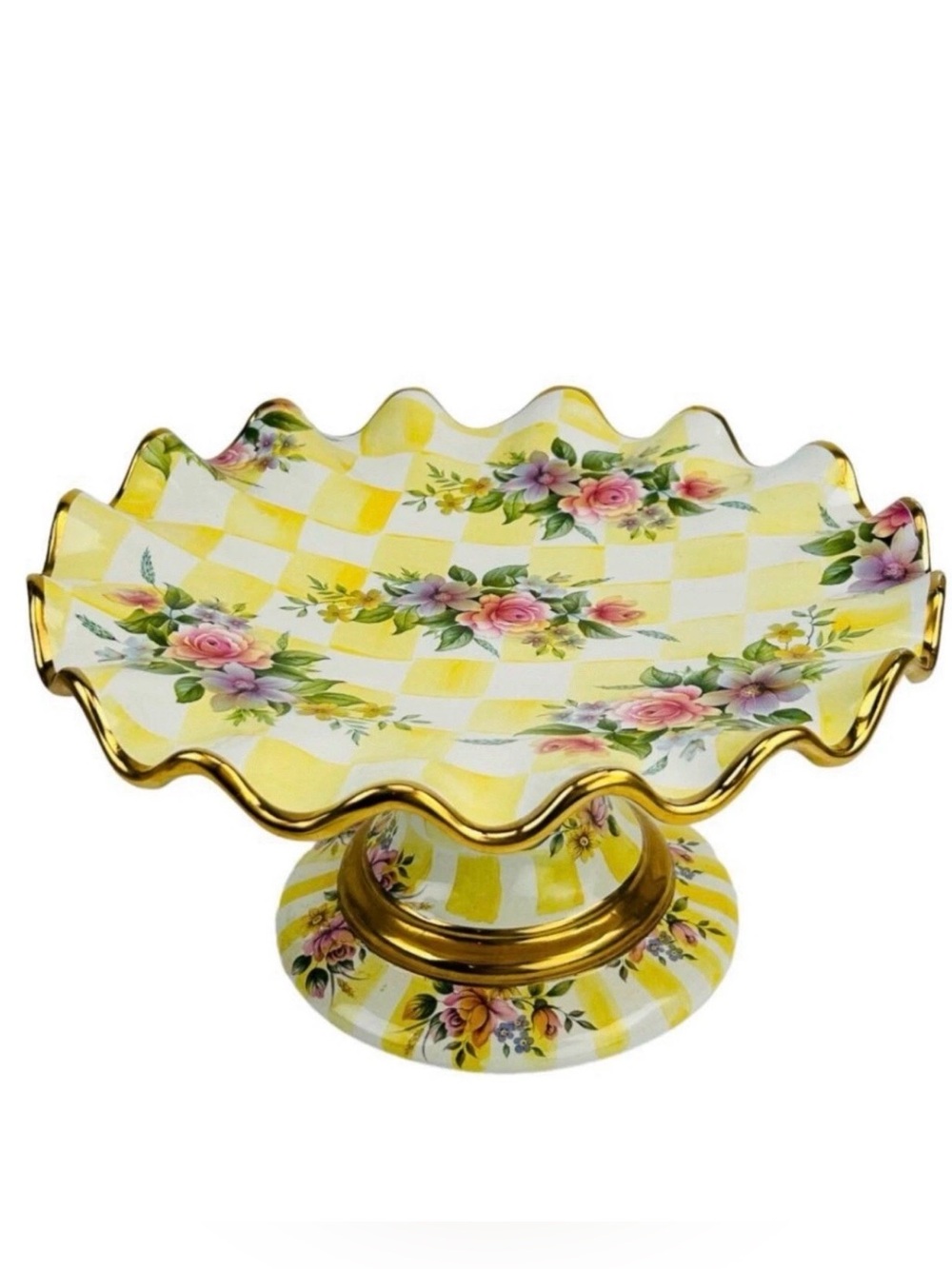 Vintage MacKenzie-Childs Sweet Pea Honeymoon Yellow Check Cake Stand